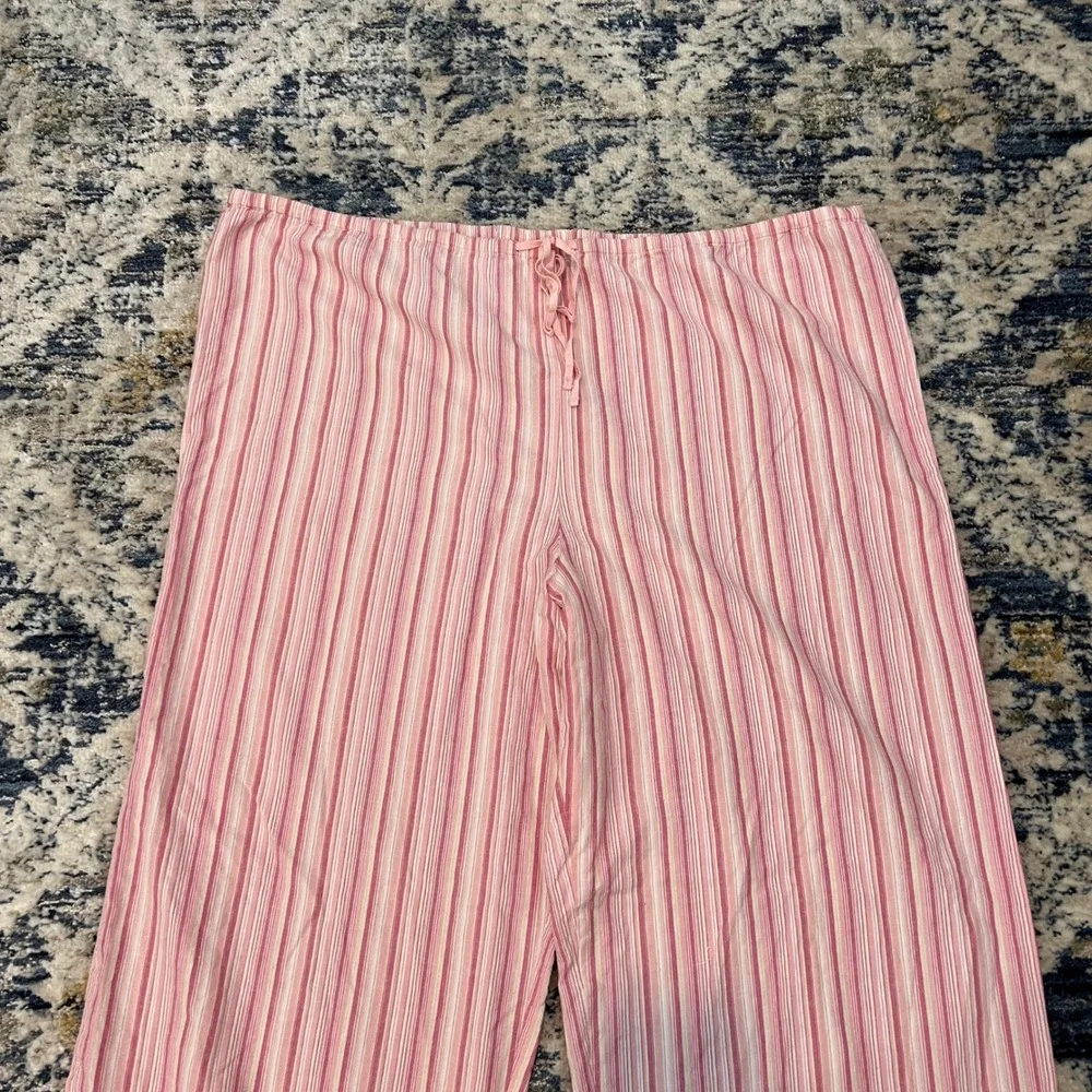 Garnet Hill Pajama Pants Women Size L Pink Striped Cotton Wide Leg Drawstring